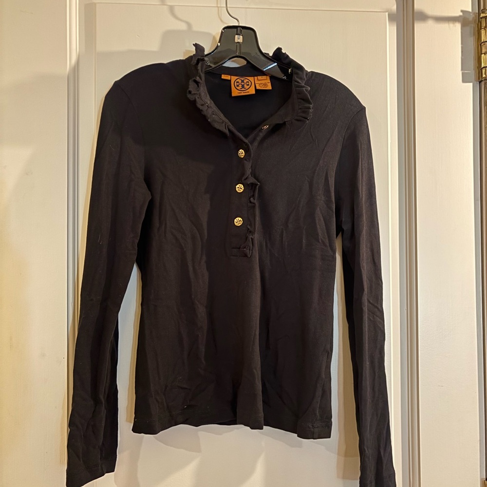 Black Ruffled Button-Up Women's Top